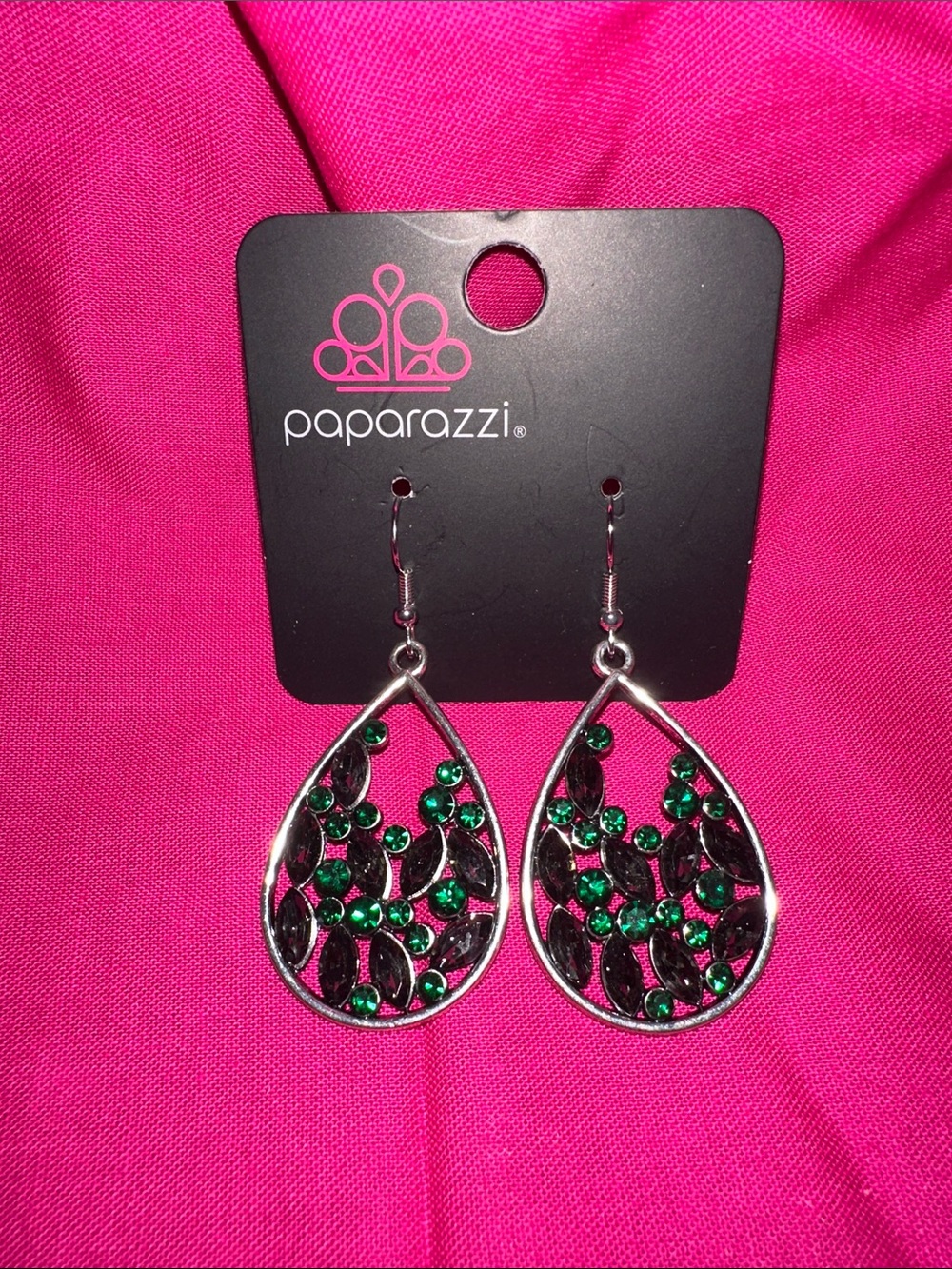 paparazzi Silver Teardrop Dangle Earrings with Green Gems